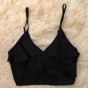 REHAB • Black Satin Ruffled Crop Top